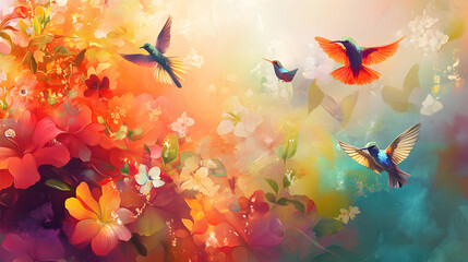 un fondo de un paisaje colorido pintado en colores fuertes y alegres con flores y pajaros o aves volando sobre las flores con espacio de copia