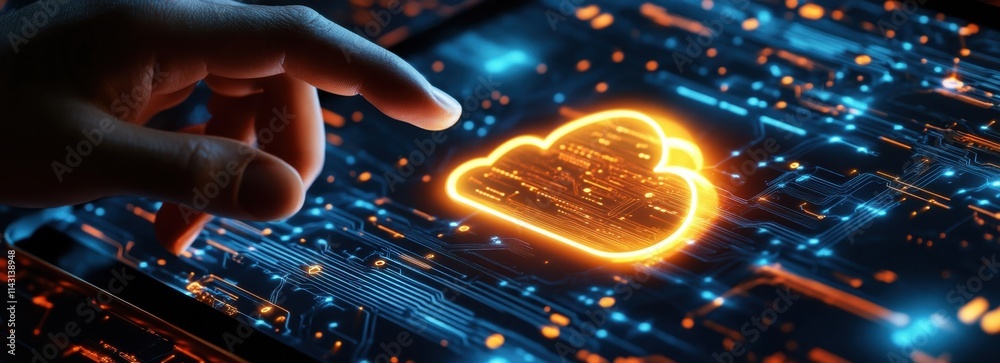 Poster a hand is touching the glowing cloud icon on a tablet screen, surrounded by other clouds and digital