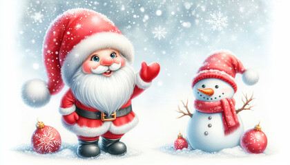 A cartoon image of Santa Claus in red clothes and a snowman