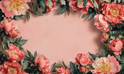 Obraz premium Square Floral Frame with Peony Border. Pink, Mother's Day or Valentine concept with copy space.