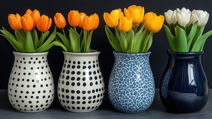 Colorful tulips in decorative vases create a vibrant display on a dark surface