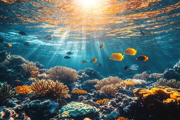Sunlight filters through water onto coral reef with tropical fish