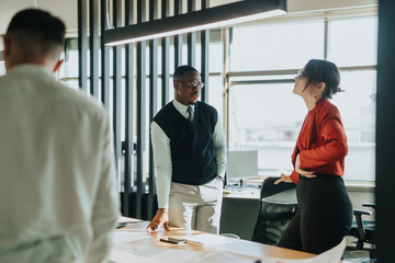 A diverse team of business colleagues engage in a brainstorming session, analyzing documents and...