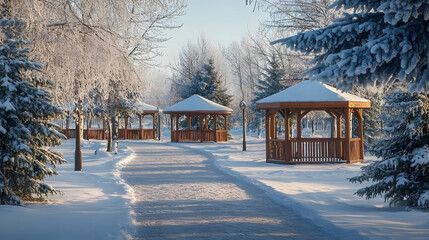 Oslo Winter Park with snowy trails and cozy wooden gazebos, serene Nordic escape