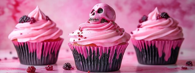 Watercolor-style gothic cupcake with neon pink and magenta frosting, adorned with intricate lace patterns and a delicate edible skull