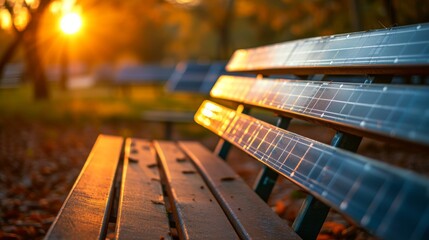 Fototapeta premium A solar-powered bench glowing under golden autumn light, surrounded by fallen leaves. Perfect representation of sustainability blended with seasonal beauty. AI generated.