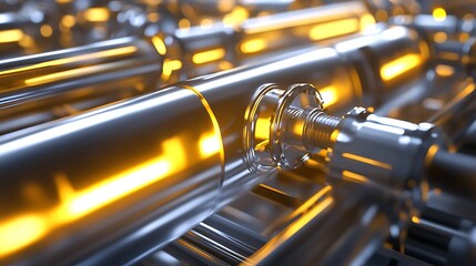 Naklejka premium Abstract Industrial Machinery: Glowing Chrome Pipes and Precision Engineering