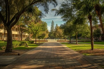 Obraz premium Paved path is leading through a tree lined college campus on a sunny day