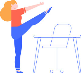 Fototapeta premium Office worker engaging in leg stretches beside desk and chair, enhancing workplace wellness and encouraging physical activity during breaks for improved health and productivity