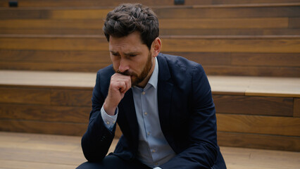Sad man guy Caucasian depressed male businessman business employer think problem health trouble...