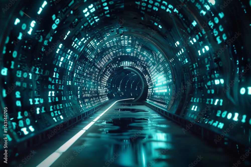 Poster digital data stream of numbers and letters in the dark tunnel with glow, futuristic background for t
