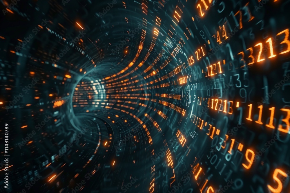 Poster digital data stream of numbers and letters in the dark tunnel with glow, futuristic background for t