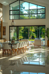 Fototapeta premium Photographie immobilière professionnelle d'une salle à manger moderne avec table en verre et vue sur le jardin, créant un espace lumineux et aéré