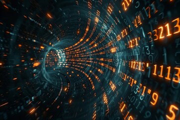 Obraz premium Digital data stream of numbers and letters in the dark tunnel with glow, futuristic background for technology concept