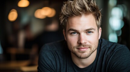 Obraz premium Portrait of a handsome man with blond hair and blue eyes, looking directly at the camera.