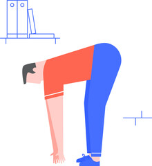 Office worker bending over and touching toes, stretching back and legs to enhance workplace wellness and flexibility, promoting a healthier, more active lifestyle during desk jobs