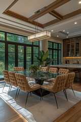 Obraz premium Photographie immobilière professionnelle d'une salle à manger moderne avec table en verre et vue sur le jardin, créant un espace lumineux et aéré