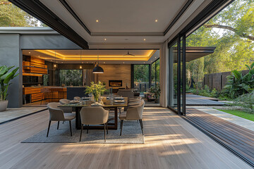 Fototapeta premium Photographie immobilière professionnelle d'une salle à manger moderne avec table en verre et vue sur le jardin, créant un espace lumineux et aéré