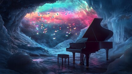 Grand Piano in a Magical Ice Cave with Musical Notes