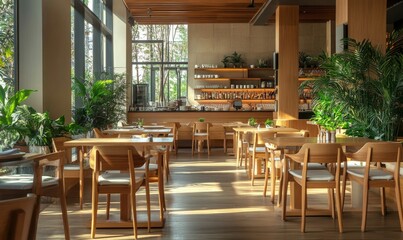 Wooden chairs and table dining in a modern room, Dining area.