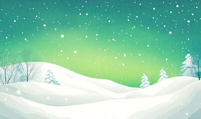 Snow covered Landscape with Aurora Borealis. Green Sky Background with copy-space.