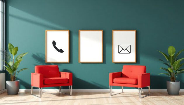Modern contact us wall art in teal room. Two red armchairs with wooden floor, green plants. Icons for phone call, email. Interior design concept for modern office waiting area. Business company image