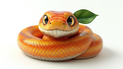 Fototapeta premium Cute 3D cartoon orange snake on white background, symbol of 2025, Christmas, Chinese New Year, character, reptile, fruit