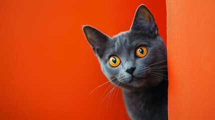 A curious grey cat with bright orange eyes peeks around a corner painted in vibrant orange. The playful expression and soft lighting add charm