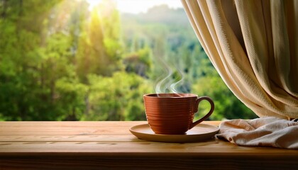 A tranquil scene with a mug of fragrant tea on a table, soft curtains in saran and a view of blue nature outside the window