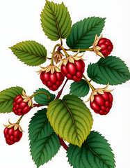 Raspberry branch botanical vintage illustration clip art isolated on white background, sticker style