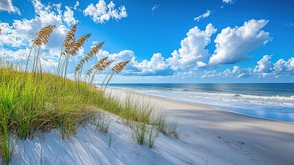Sunny beach scene with sea oats, blue sky, and cumulus clouds