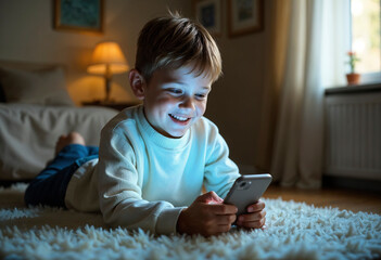  child using mobile phone at home. little child playing video game in the room. AI Generated