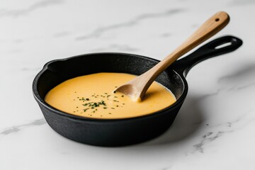 food photography, cheddar cheese sauce bubbling in cast-iron skillet on white marble counter, wooden spoon close by