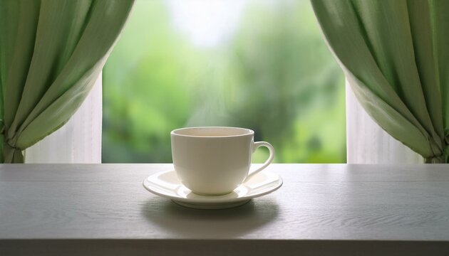 A tranquil scene with a mug of fragrant tea on a table, soft curtains in saran and a view of blue nature outside the window