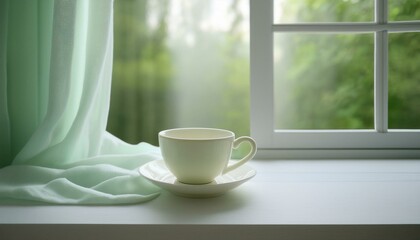 A tranquil scene with a mug of fragrant tea on a table, soft curtains in saran and a view of blue nature outside the window