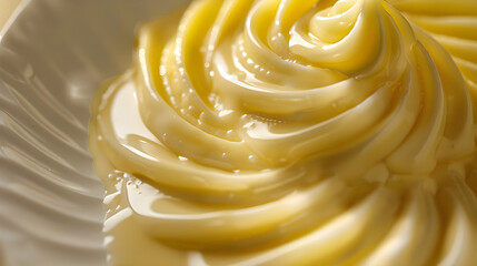 Close-up of Golden Yellow Butter Swirl on White Plate Highlighted by Natural Light