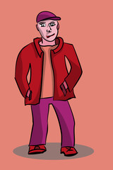 Vector illustration of a standing man. A man with his hands in his jacket pockets and a cap on his head. Man, figure, clothes. Stylish clothes, fashion, person, pose.