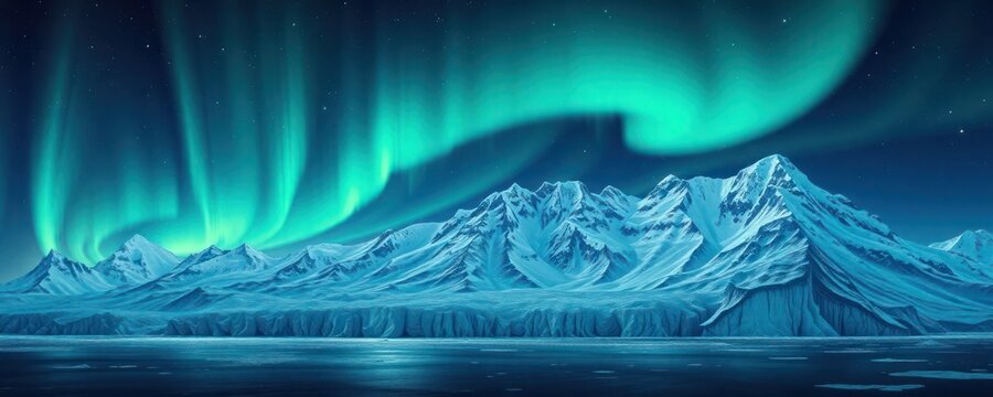 Majestic snow-capped mountain range glows under ethereal aurora lights cascading across night sky. Icy landscape aglow with celestial beauty. Winter wonderland scene. Breathtaking scenery of pristine