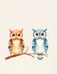 Fototapeta premium Watercolor cute boho owls. Watercolor owl. Watercolor forest baby animal print, flat design, with white tones