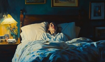 Young woman waking up in her bed