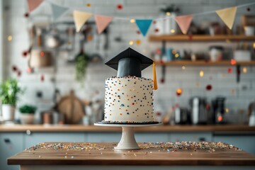 celebration decor, modern kitchen counter decorated with banners, confetti, and a graduation cake as the centerpiece for celebratory vibe