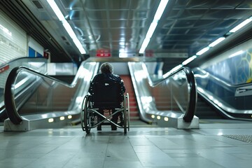 Elderly man is stranded at the bottom of a set of subway escalators, highlighting the challenges of accessibility for people with disabilities