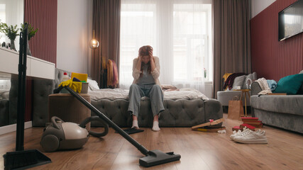 Exhausted sad upset Caucasian woman girl female homeowner lady housewife tired headache stress...