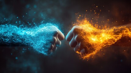 Obraz premium A dynamic and visually striking portrayal of two opposing forces represented as fiery and icy fists colliding in an intense moment of action