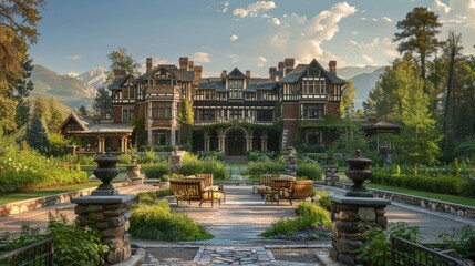 Fototapeta premium A grand historical mansion nestled in the lush greenery of a serene landscape, surrounded by mountains, with a beautifully arranged outdoor seating area