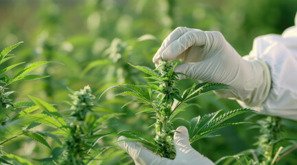 A scientist in white gloves is holding and examining cannabis plants at the farm, with green fields of hemp trees behind him.