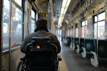 Naklejka premium Man in a wheelchair is riding a subway train