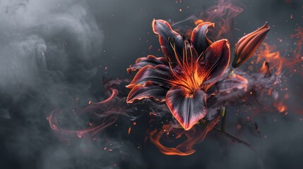 A vivid AI-generated image of a black lily with flames erupting from its petals, set against a smoky and atmospheric background. AI generated.