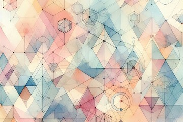 Fototapeta premium Abstract background with pastel geometric shapes and intricate line patterns in soft, muted colors