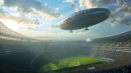 A blimp floating peacefully over a crowded sports stadium